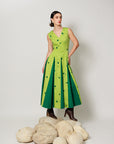 Pomelo Dress - Botanical Lime Panelled Fit and Flare Dress