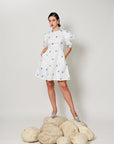Vesper Dress - Fitted short panel dress with Blue Polka