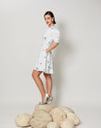 Vesper Dress - Fitted short panel dress with Blue Polka