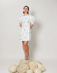 Vesper Dress - Fitted short panel dress with Blue Polka