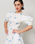 Vesper Dress - Fitted short panel dress with Blue Polka