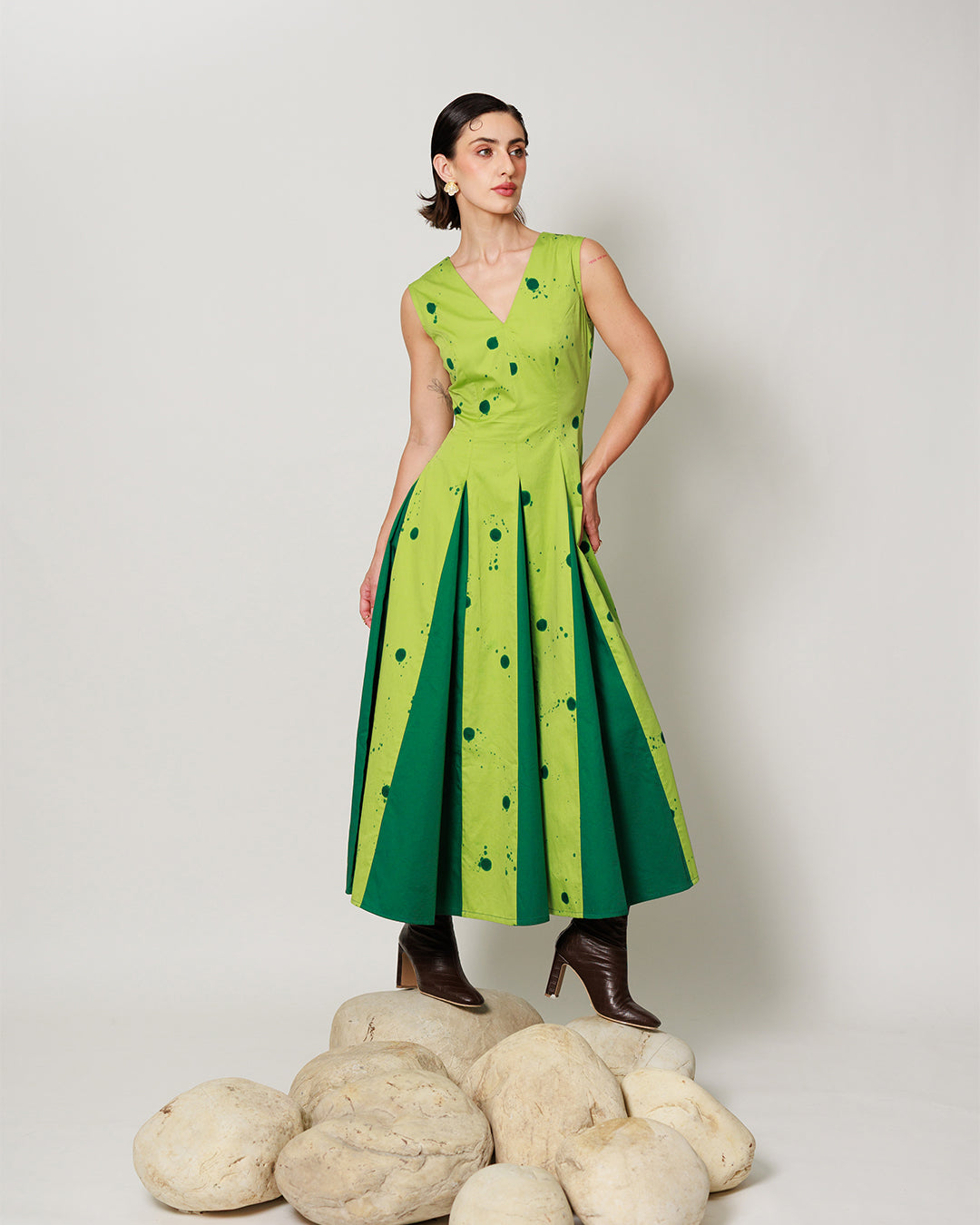 Pomelo Dress - Botanical Lime Panelled Fit and Flare Dress