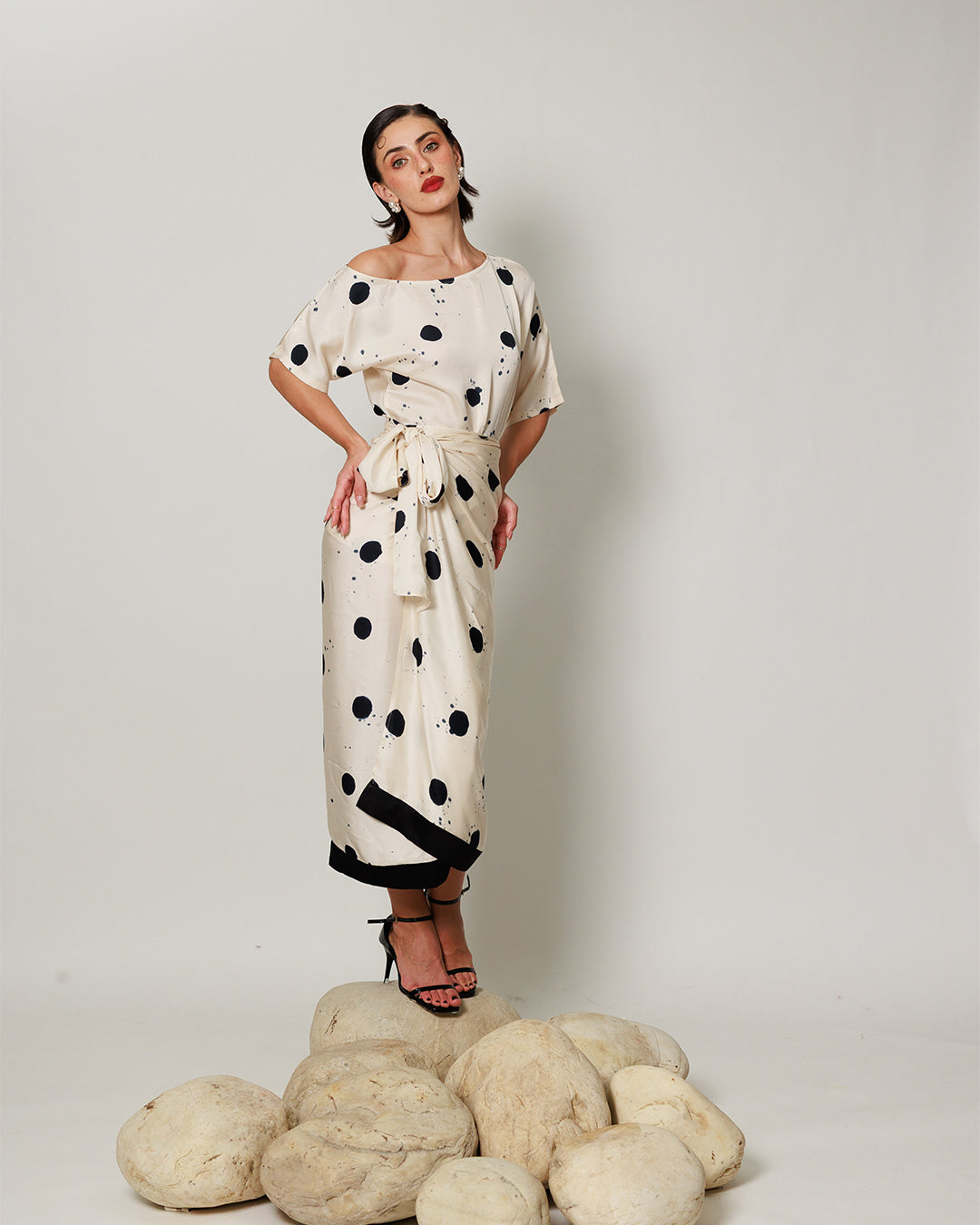 Audrey Co-ord Set - Cream and Black Drape Polka Dot Midi Co-ord Set