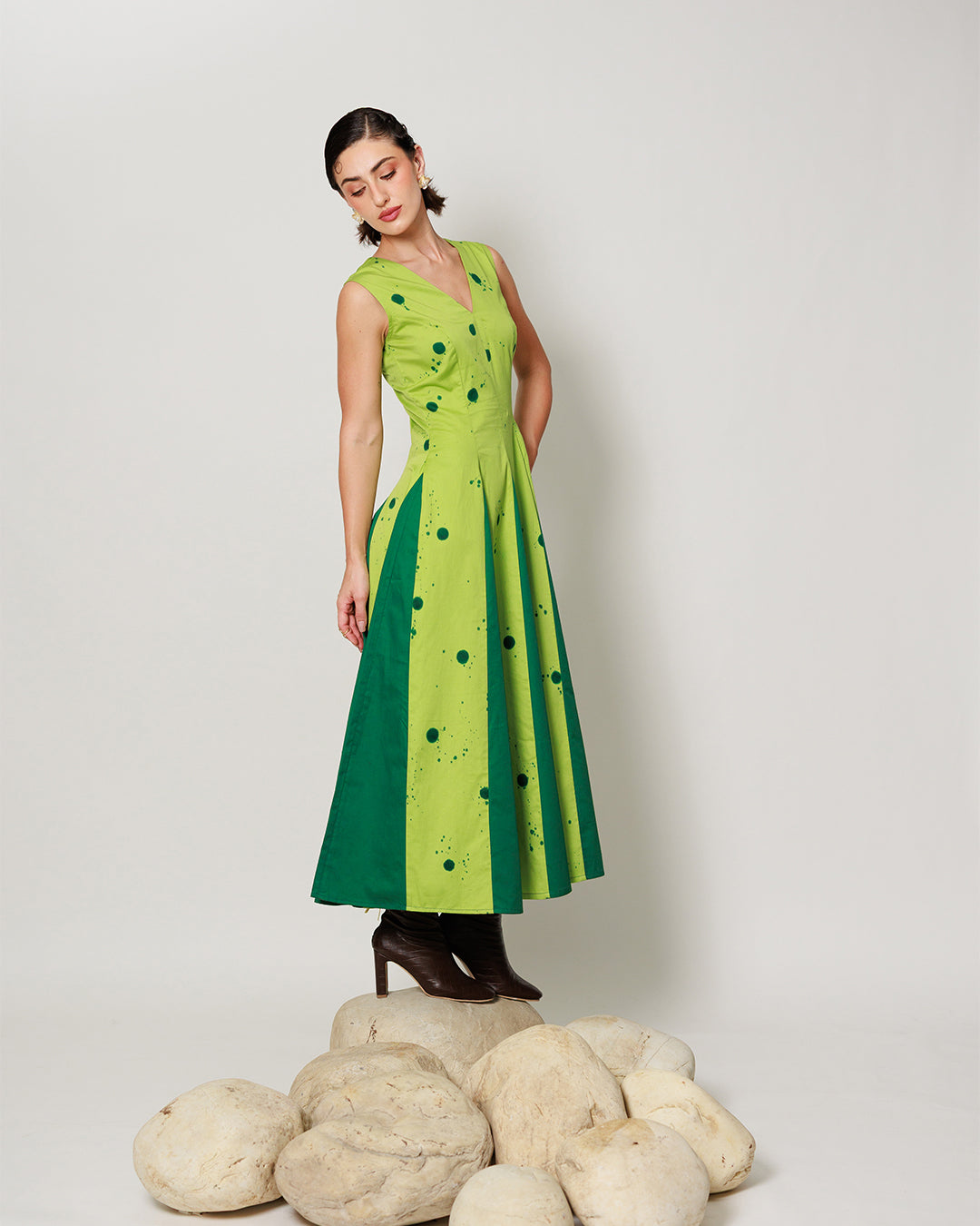 Pomelo Dress - Botanical Lime Panelled Fit and Flare Dress
