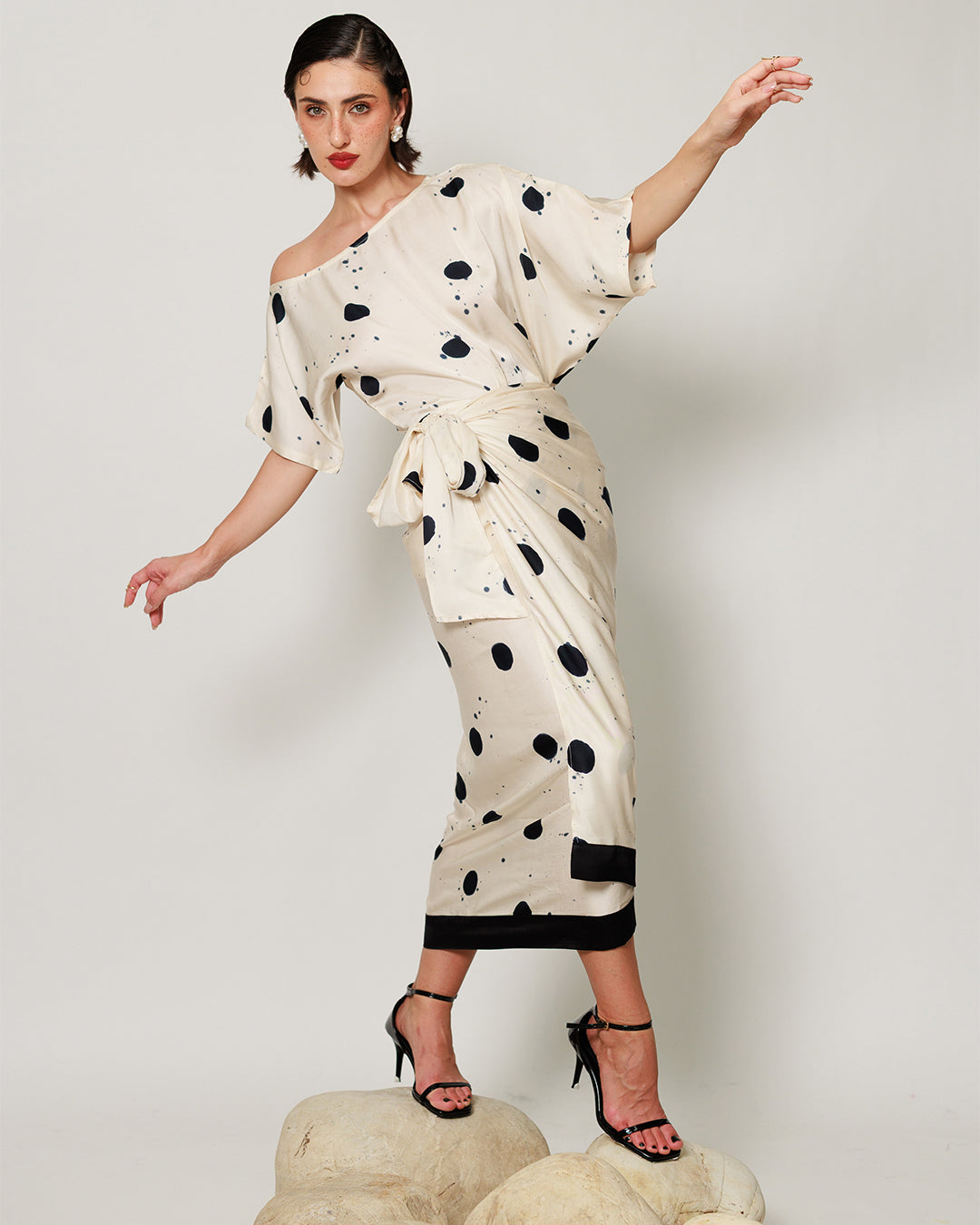 Audrey Co-ord Set - Cream and Black Drape Polka Dot Midi Co-ord Set