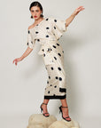 Audrey Co-ord Set - Cream and Black Drape Polka Dot Midi Co-ord Set