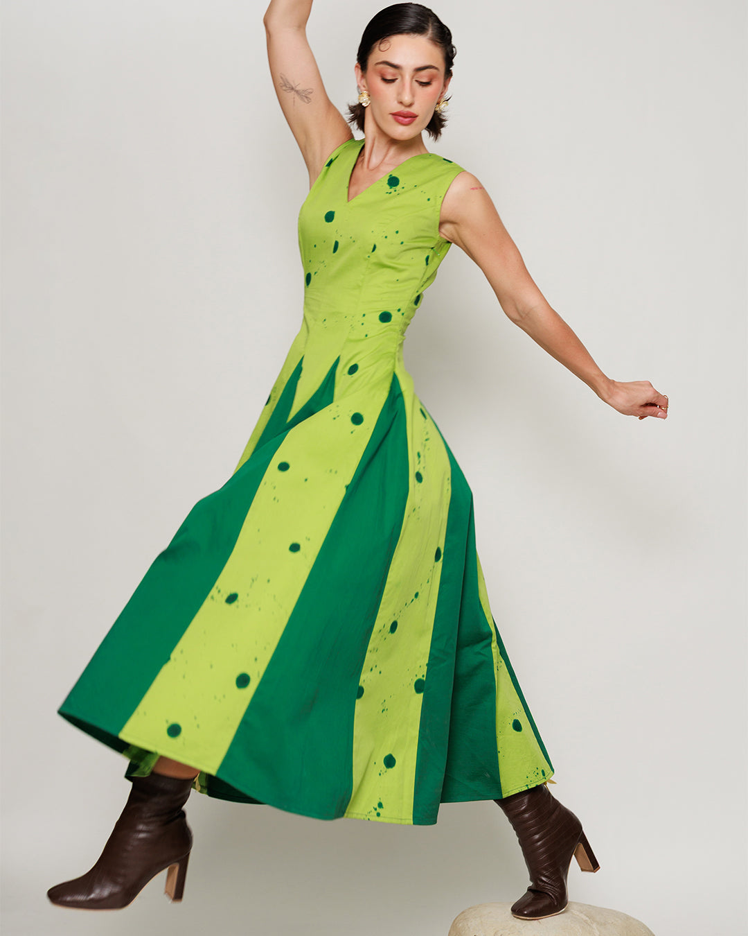 Pomelo Dress - Botanical Lime Panelled Fit and Flare Dress