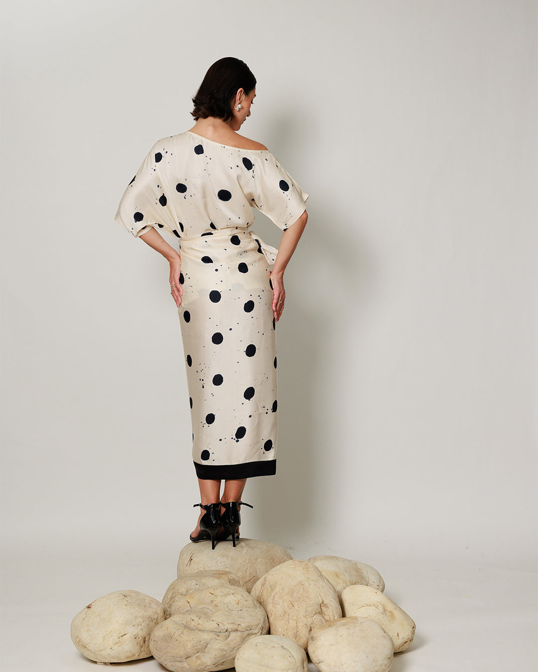 Audrey Co-ord Set - Cream and Black Drape Polka Dot Midi Co-ord Set