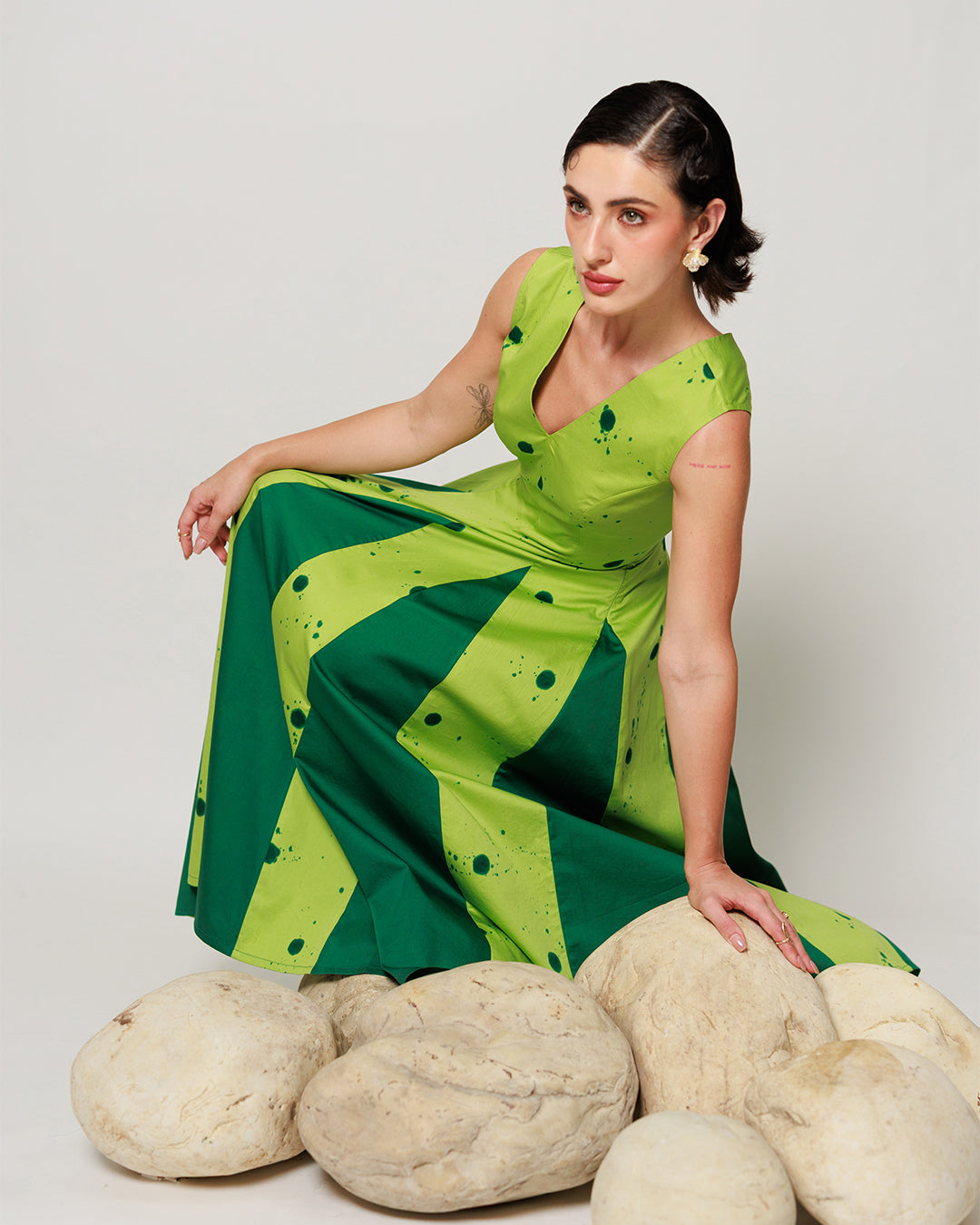 Pomelo Dress - Botanical Lime Panelled Fit and Flare Dress