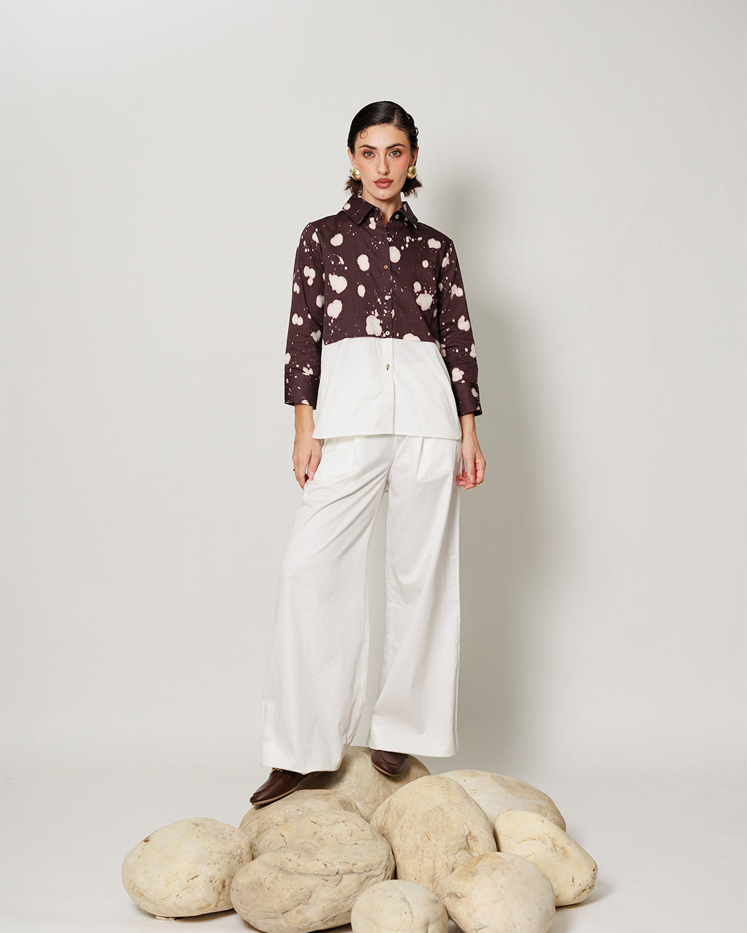 Melody Co-ord Set - Deep Mocha Panelled Shirt and Flared Pants