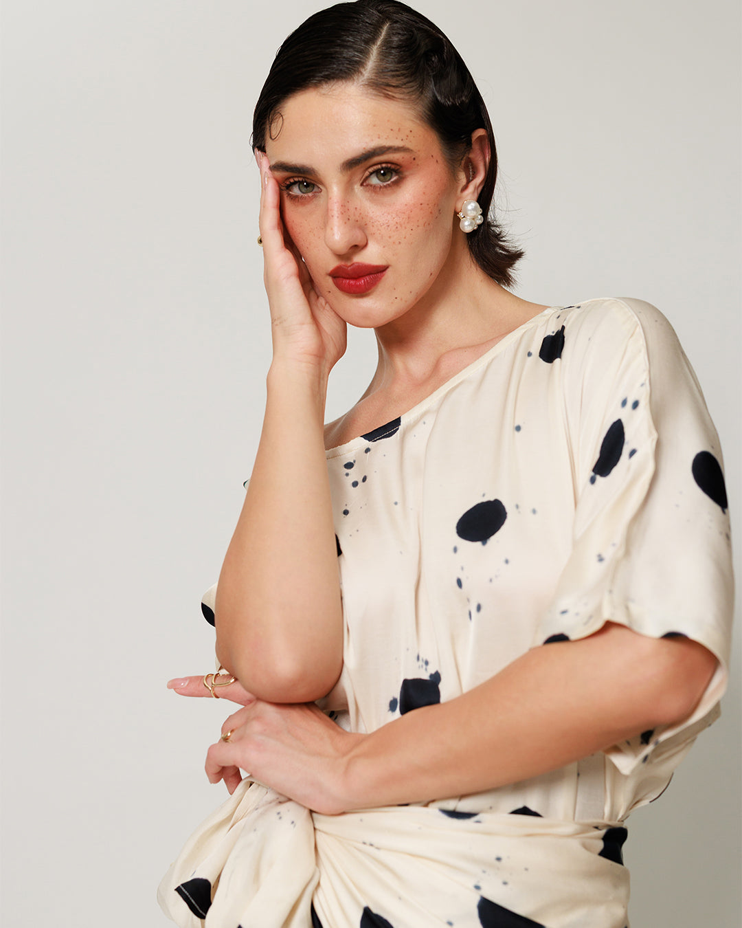 Audrey Co-ord Set - Cream and Black Drape Polka Dot Midi Co-ord Set