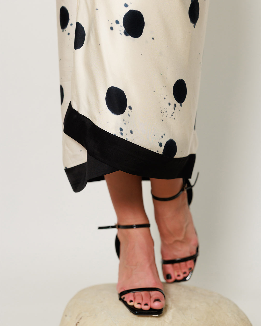 Audrey Co-ord Set - Cream and Black Drape Polka Dot Midi Co-ord Set
