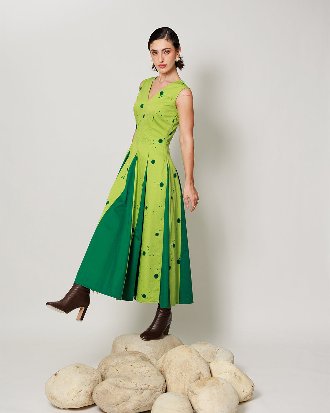 Pomelo Dress - Botanical Lime Panelled Fit and Flare Dress
