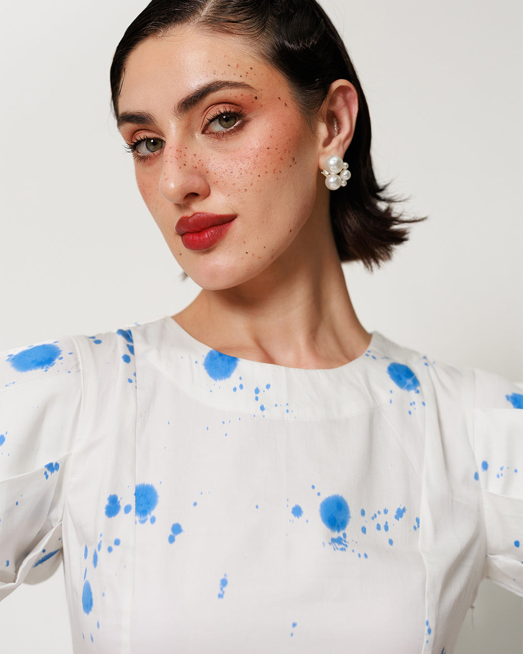 Vesper Dress - Fitted short panel dress with Blue Polka