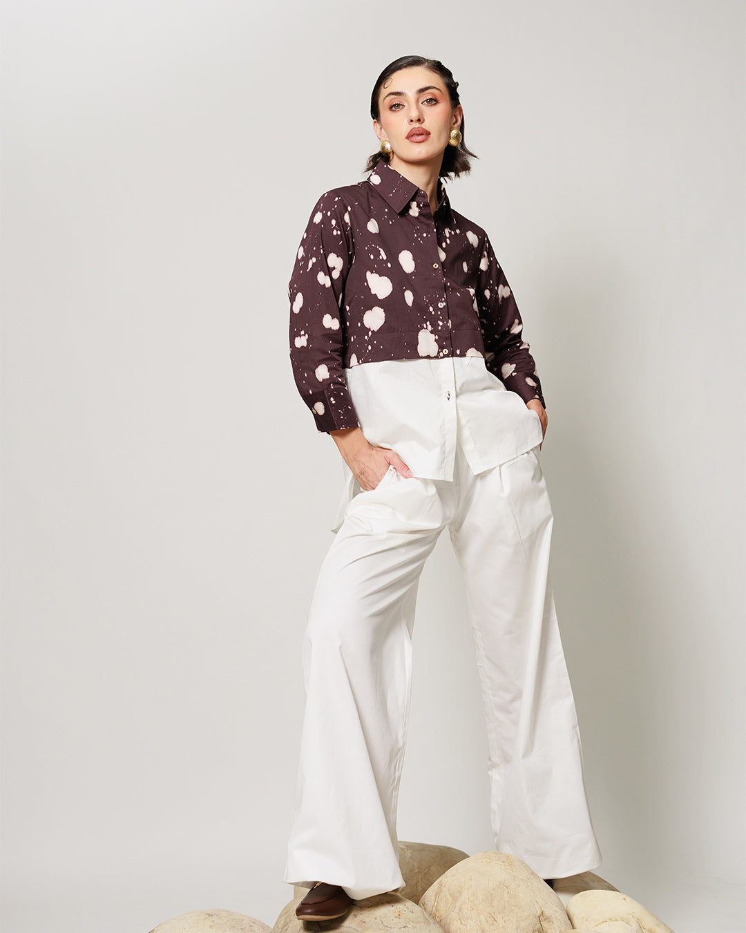 Melody Co-ord Set - Deep Mocha Panelled Shirt and Flared Pants