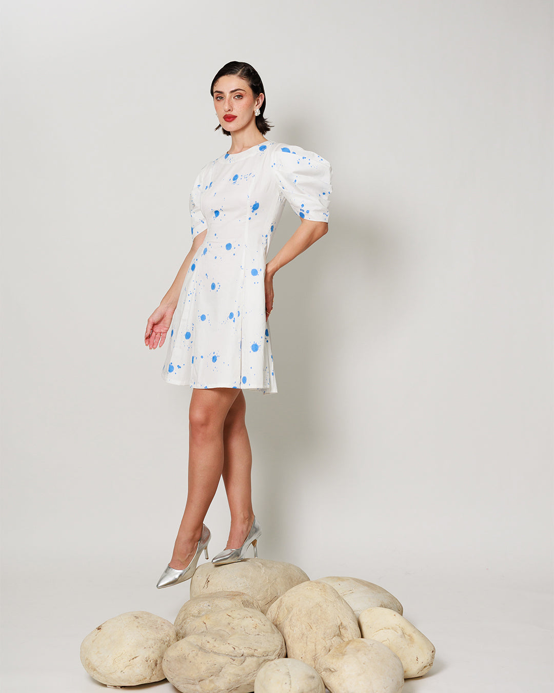 Vesper Dress - Fitted short panel dress with Blue Polka