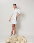Vesper Dress - Fitted short panel dress with Blue Polka