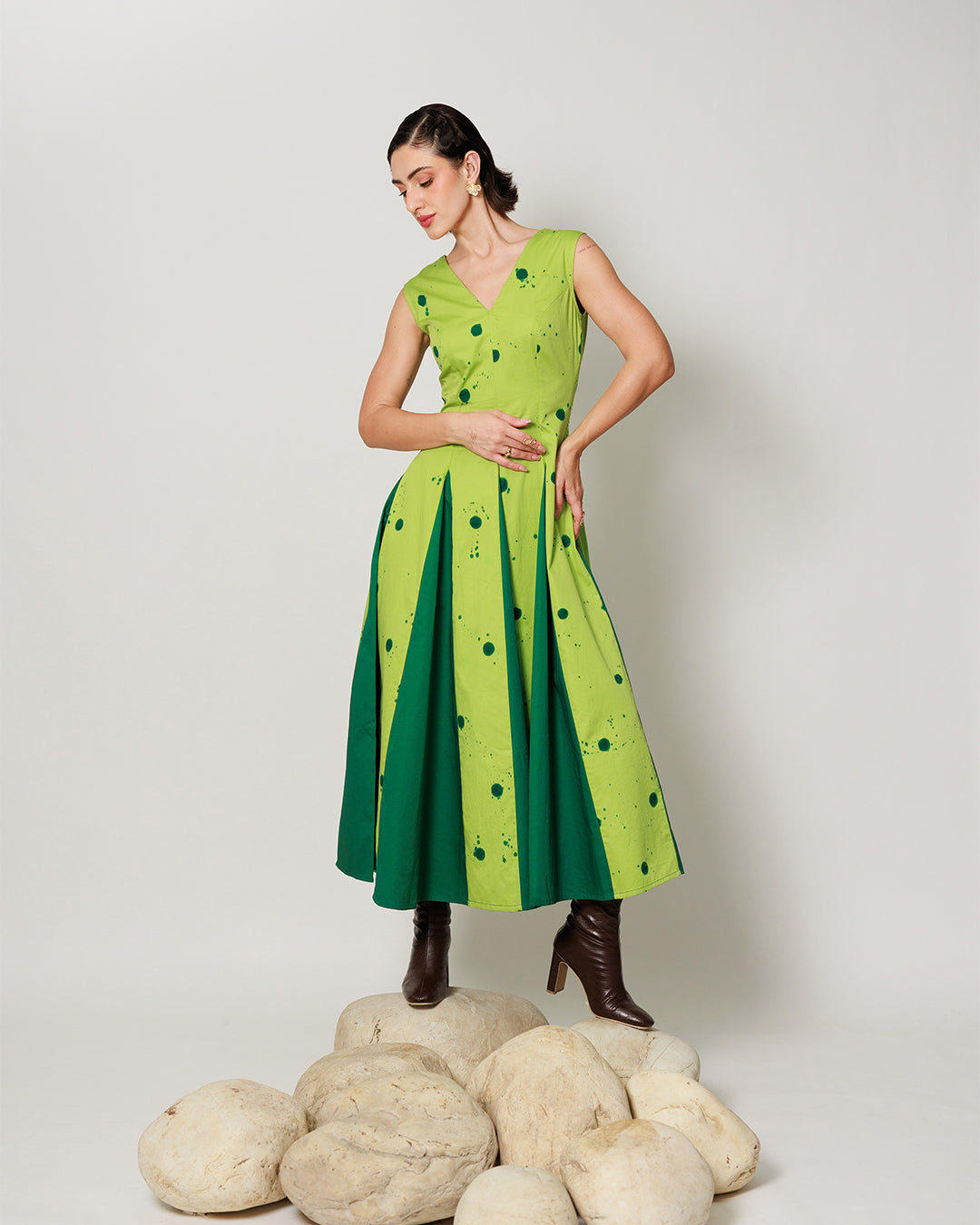 Pomelo Dress - Botanical Lime Panelled Fit and Flare Dress