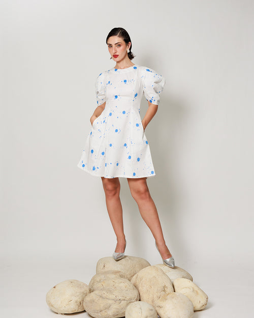 Vesper Dress - Fitted short panel dress with Blue Polka