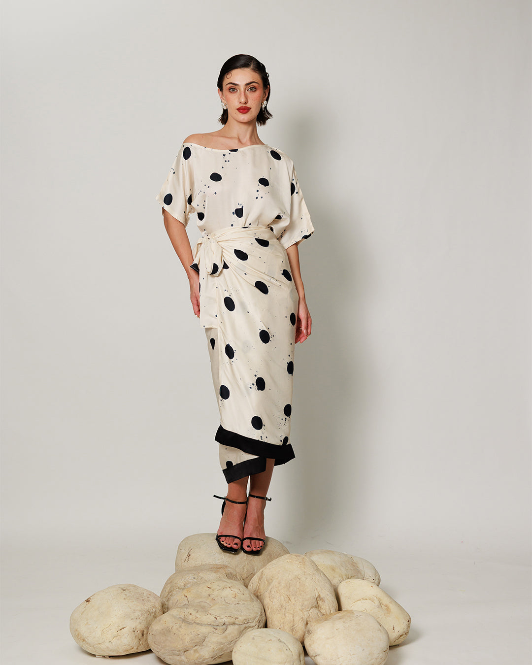 Audrey Co-ord Set - Cream and Black Drape Polka Dot Midi Co-ord Set