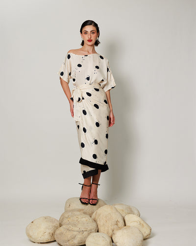 Audrey Co-ord Set - Cream and Black Drape Polka Dot Midi Co-ord Set