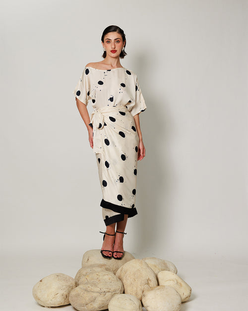 Audrey Co-ord Set - Cream and Black Drape Polka Dot Midi Co-ord Set