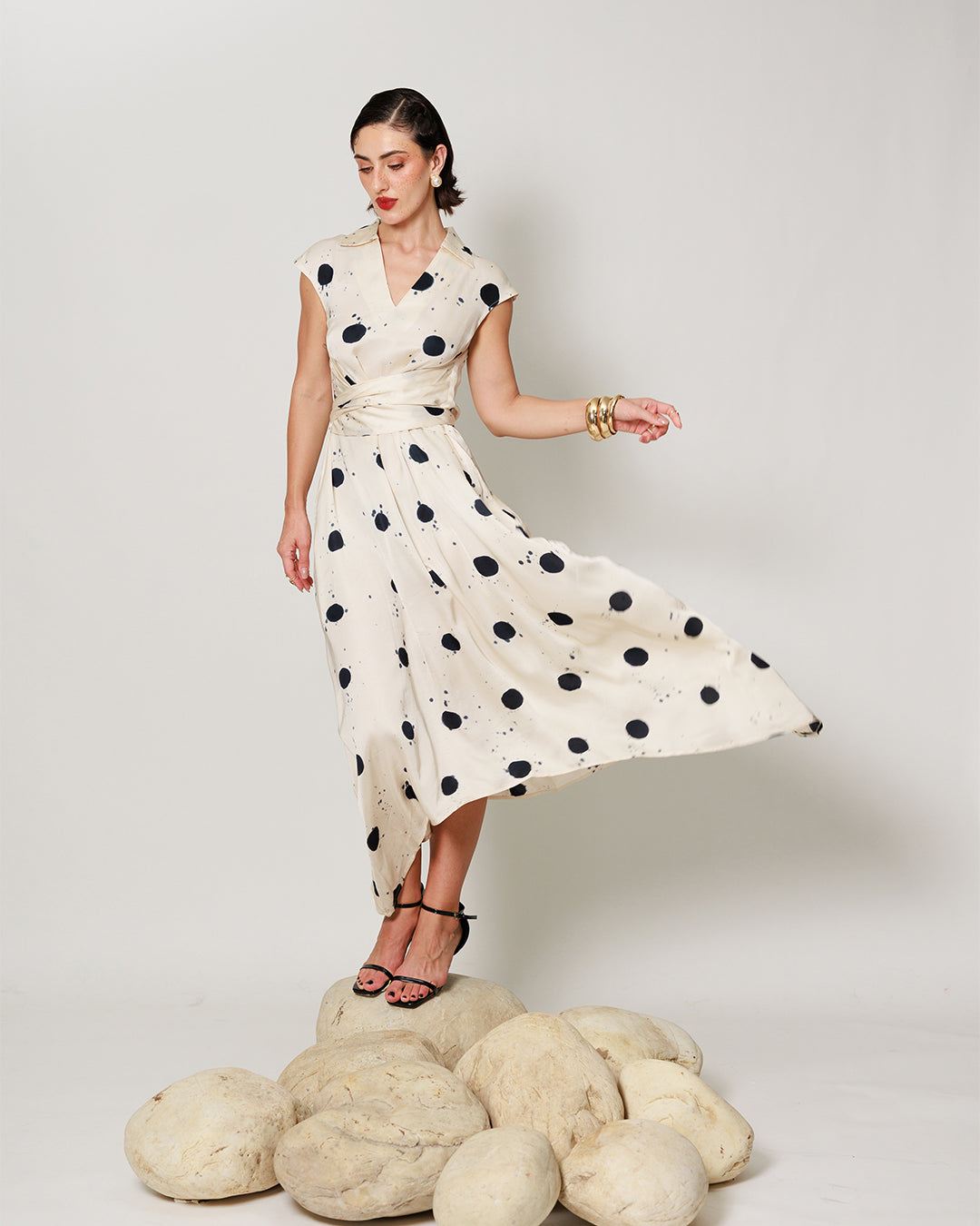 Cassia Dress - Cream and Black High Low Midi Dress