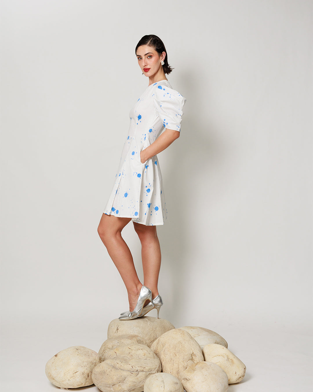 Vesper Dress - Fitted short panel dress with Blue Polka