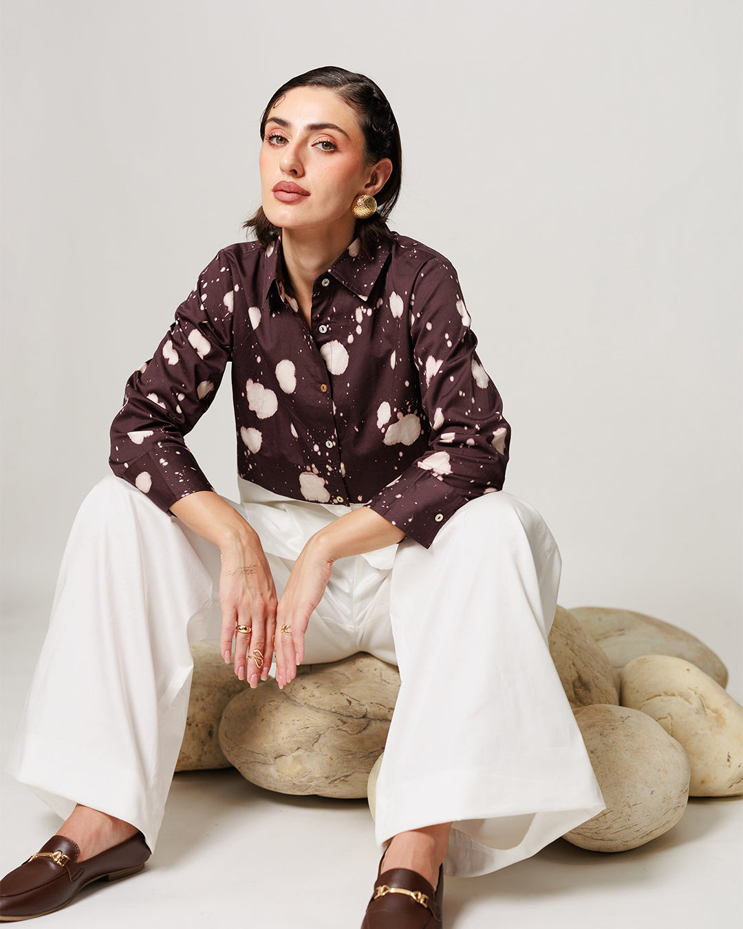 Melody Co-ord Set - Deep Mocha Panelled Shirt and Flared Pants
