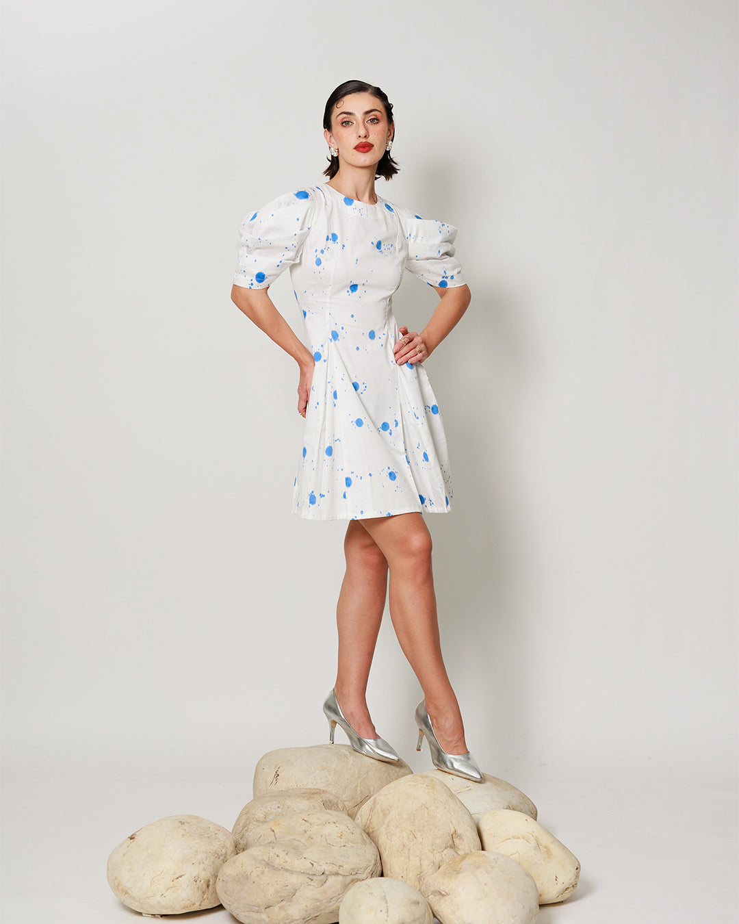 Vesper Dress - Fitted short panel dress with Blue Polka