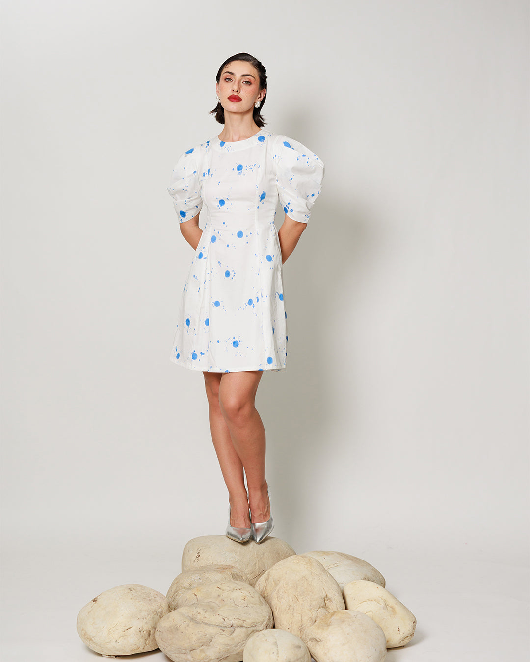 Vesper Dress - Fitted short panel dress with Blue Polka