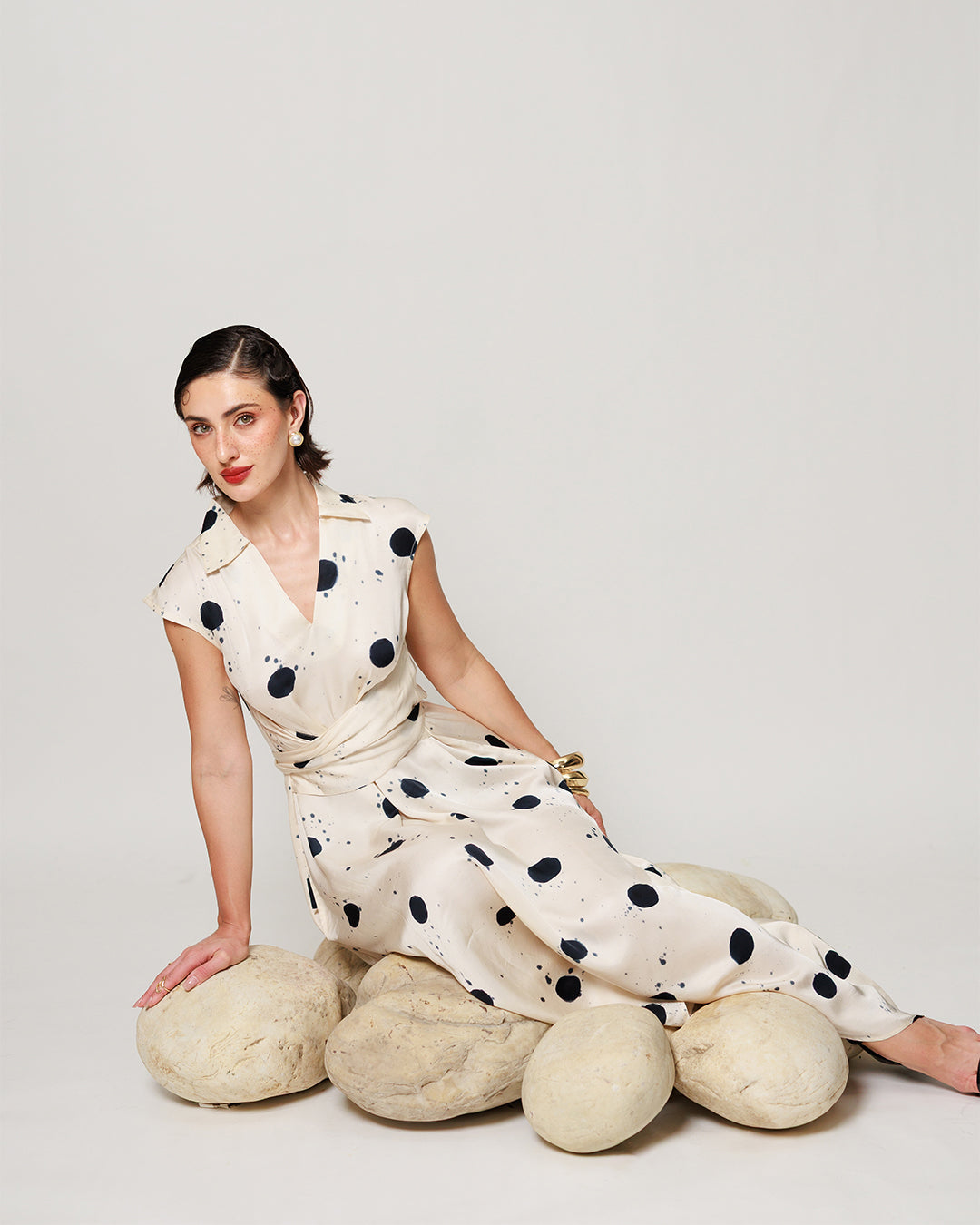 Cassia Dress - Cream and Black High Low Midi Dress