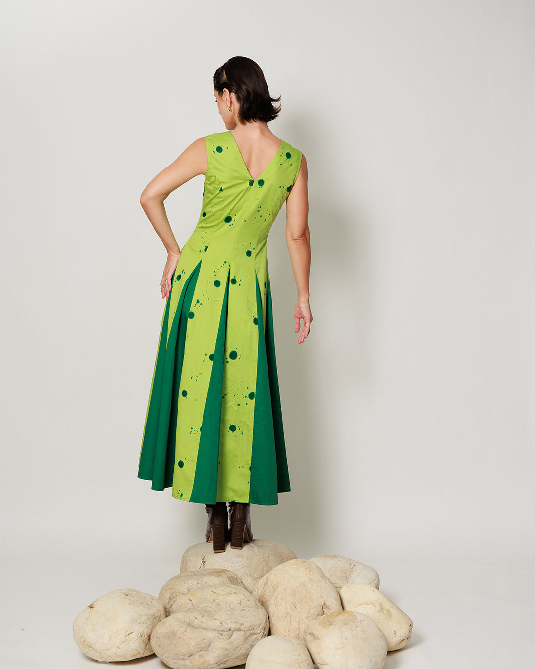 Pomelo Dress - Botanical Lime Panelled Fit and Flare Dress