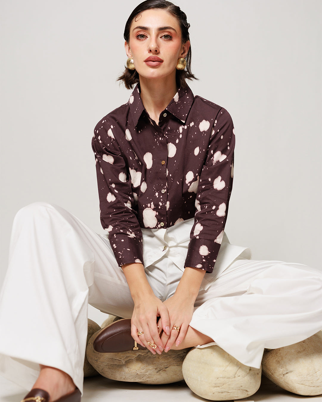 Melody Co-ord Set - Deep Mocha Panelled Shirt and Flared Pants