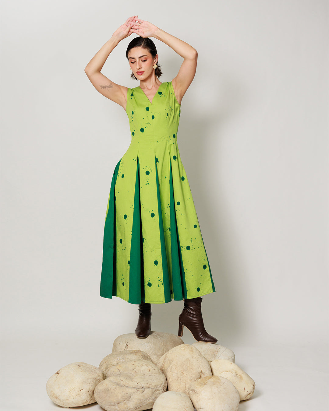 Pomelo Dress - Botanical Lime Panelled Fit and Flare Dress