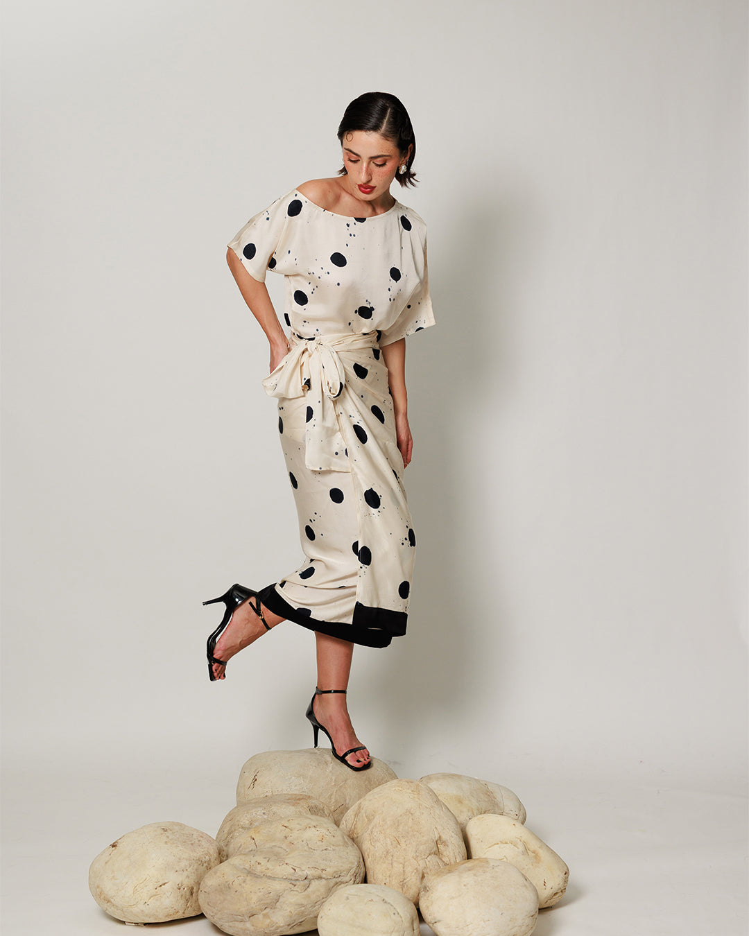 Audrey Co-ord Set - Cream and Black Drape Polka Dot Midi Co-ord Set