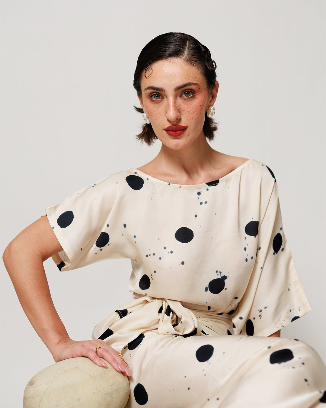 Audrey Co-ord Set - Cream and Black Drape Polka Dot Midi Co-ord Set