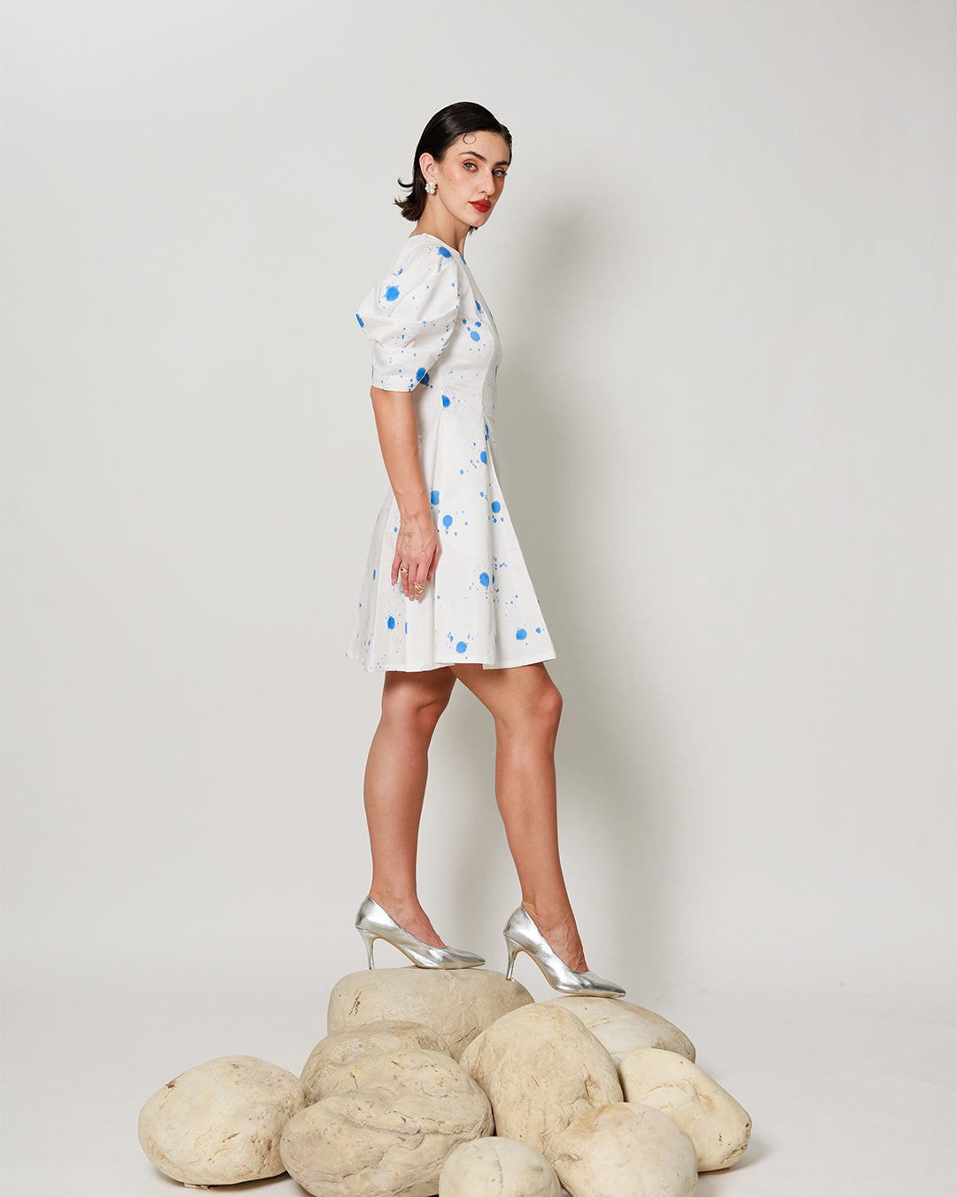 Vesper Dress - Fitted short panel dress with Blue Polka