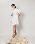 Vesper Dress - Fitted short panel dress with Blue Polka