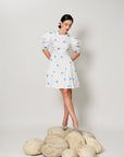 Vesper Dress - Fitted short panel dress with Blue Polka