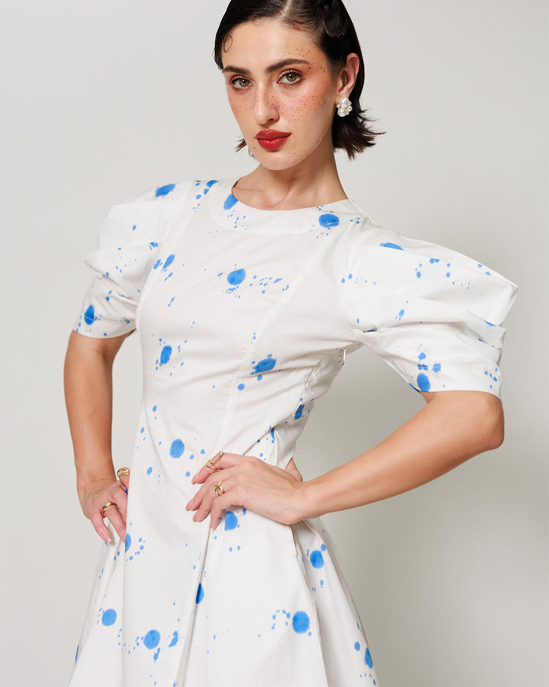 Vesper Dress - Fitted short panel dress with Blue Polka