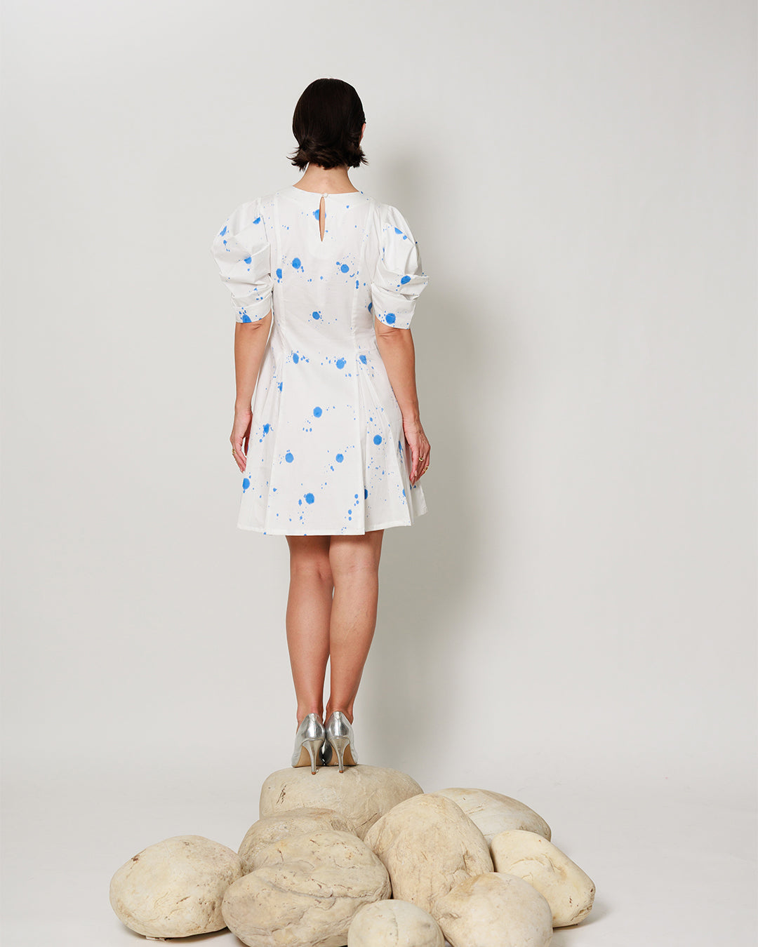 Vesper Dress - Fitted short panel dress with Blue Polka