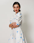 Vesper Dress - Fitted short panel dress with Blue Polka