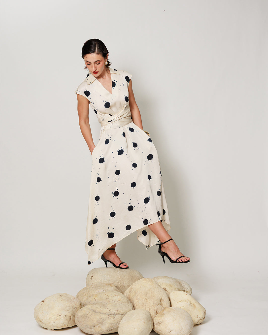 Cassia Dress - Cream and Black High Low Midi Dress