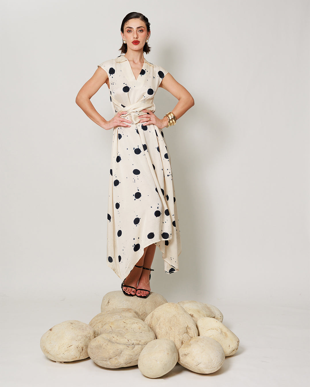 Cassia Dress - Cream and Black High Low Midi Dress
